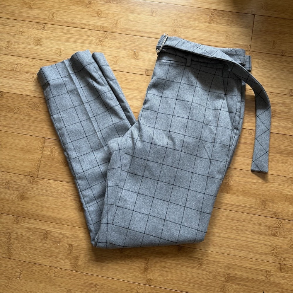 Calvin‎ Klein Pants Womens 4 Gray Windowpane Slim Ankle Belted Career